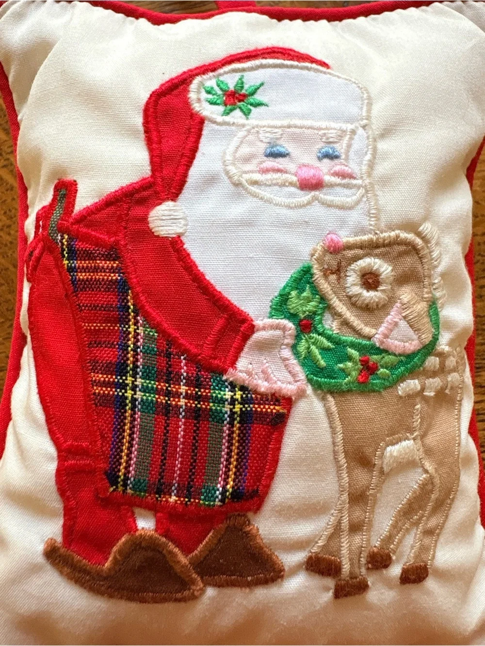 House of Hatten Red Santa & Reindeer Christmas Hanging Pillow with music box